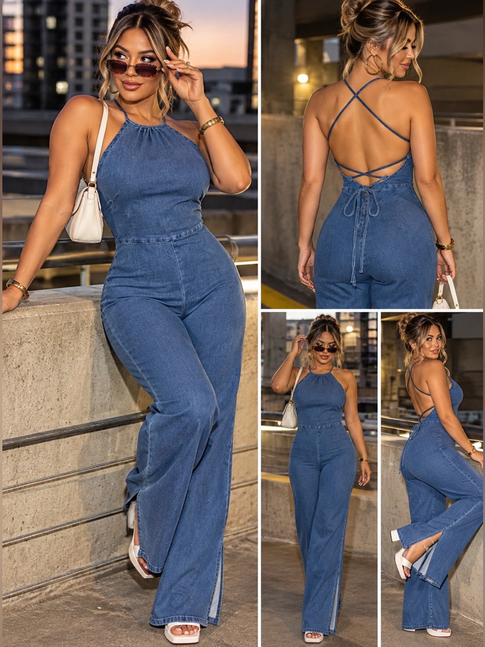 Y2K Back-Tie Denim Halter Wide-Leg Jumpsuit - Blue